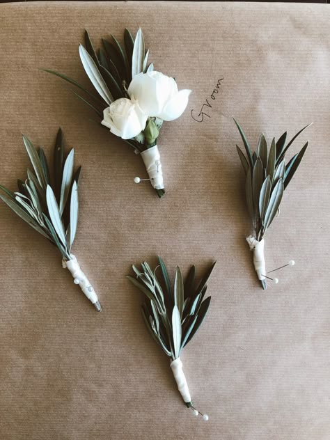 Small Boutineer Groomsmen, Olive Branch Boutonniere, Greenery Boutineer Groomsmen, Green White Boutonniere, Modern Boutineers, Pocket Boutonniere Simple, Olive Buttonhole, Boutineers Wedding Groomsmen, Men’s Boutonnieres