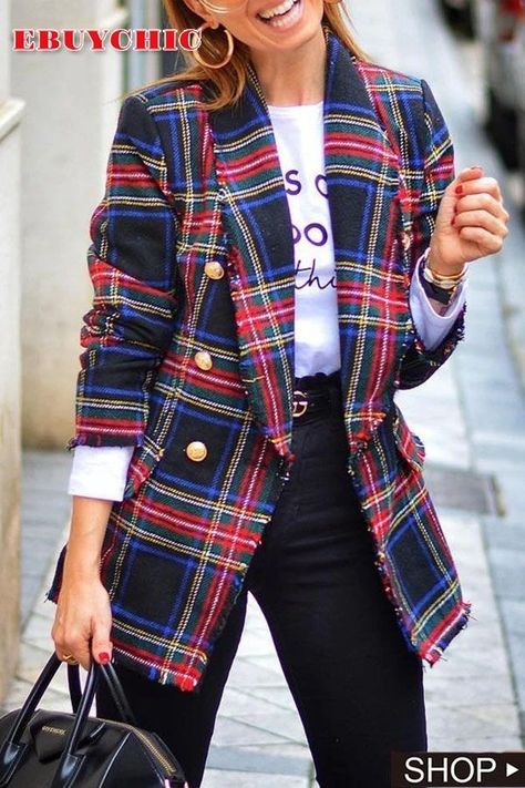 Dress Overcoat, Tartan Fashion, Overcoat Jacket, Classy Fashion, Long Sleeves Coats, Collar Pattern, Turndown Collar, Blazer Outfits, Casual Clothing