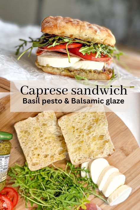 A pesto caprese sandwich with a balsamic glaze is my go-to sandwich on hot summer days when I don’t want my stove working! It’s also so simple to make using fresh ingredients that are in season such as fresh basil, juicy garden tomatoes, and my secret ingredient arugula! Tomato Caprese Sandwich, Italian Caprese Sandwich, Sandwich Night Ideas, Capri Sandwich, Feta Cheese Sandwich, Cold Dinner Ideas For Hot Days, Cold Sandwich Ideas, Hot Day Dinner Ideas, Dinner Ideas For Hot Days