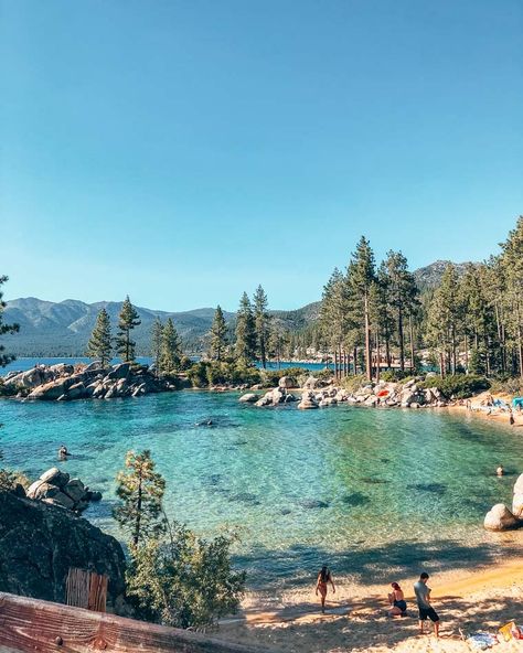 Beach Cove in Lake Tahoe, California during the summer. Lake Tahoe Camping, Lake Tahoe Trip, Fall Travel Destinations, Lake Tahoe Summer, Car Camping Essentials, Aesthetic Airport, Lake Tahoe Vacation, Tahoe Trip, North Lake Tahoe