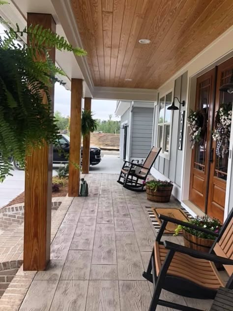 Concrete To Look Like Wood, Concrete Floors Diy, Stamped Concrete Patio Designs, Dream House Layout, Concrete Stain Patio, Porch Wood, Ranch House Exterior, Concrete Patio Designs, Backyard Plan