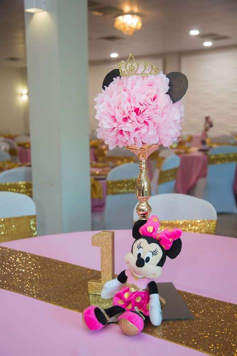 Goldens Minnie Mouse 1st Birthday Party | CatchMyParty.com Minnie Mouse Birthday Party Ideas Centerpieces, Minnie Mouse First Birthday Centerpieces, Minnie Mouse Birthday Party Ideas 1st Decoration Center Pieces, Minnie Centerpieces Ideas, Minnie Mouse Centerpieces 1st Birthday, Minnie Mouse Centerpieces Ideas, Minnie Mouse Birthday Party Ideas 1st, Minnie Mouse Center Pieces, Minnie Mouse Centerpieces