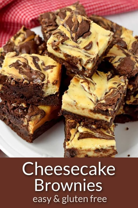 Stack of gluten free brownies with cream cheese on a white plate. Easy Gluten Free Cheesecake, Gluten Free Cheesecake Recipes, Lazy Food, Chocolate Cheesecake Brownies, Banana Bread Easy, Cheesecake Brownies Recipe, Brownies Gluten Free, Cheese And Chocolate, Cheesecake Layer