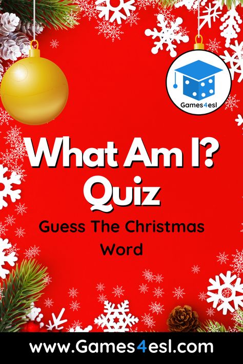 This fun Christmas Quiz is a 'What Am I?' quiz. There are 10 Christmas Quiz questions with answers. Check it out. :) Christmas Anagrams With Answers, Christmas Picture Quiz And Answers, Christmas Quizzes With Answers, Christmas Quiz And Answers, Christmas Trivia For Kids, Christmas Picture Quiz, Office Holiday Party Games, Christmas Quizzes, Christmas Quiz Questions