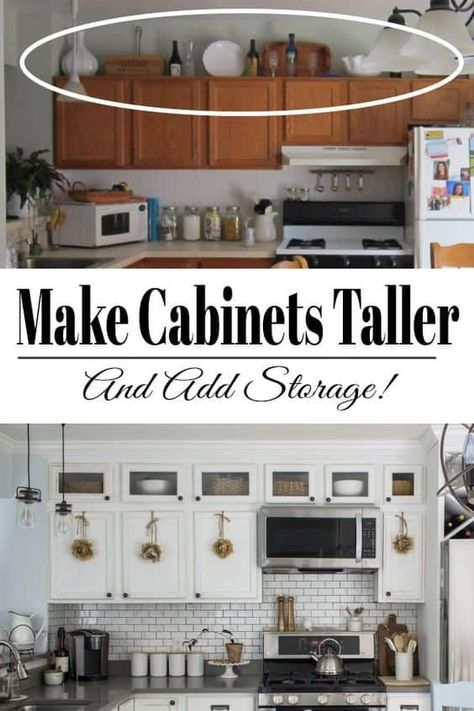 TALL KITCHEN CABINETS - hOW TO ADD CABINETS ABOVE KITCHEN CABINETS - The Honeycomb Home Tall Kitchen Cabinets, Tall Kitchen, Interior Boho, Above Kitchen Cabinets, Kabinet Dapur, Kitchen Diy Makeover, Diy Kitchen Renovation, Diy Kitchen Remodel, Kitchen Organization Diy