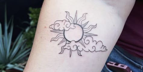 Cloud And Sun Ray Tattoo, Sun With Clouds Tattoo, Clouds And Sun Rays Tattoo, Sun And Rain Cloud Tattoo, Sun Moon Clouds Tattoo, Sun And Clouds Tattoo, Sun Cloud Rainbow Tattoo, Sun Rays Tattoo, Storm Tattoo