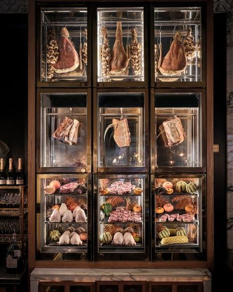 Meat Aging Fridge, Creepy Butcher Shop, Meat Fridge, Meat Display, Local Butcher Shop, Charcuterie Display, Meat Store, Bar Restaurant Interior, Meat Restaurant