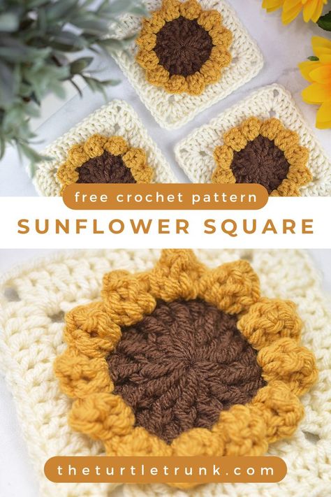 Sunflower Square Crochet Pattern by The Turtle Trunk. Photo shows a crochet square with a 3D sunflower in the center. Simple Crochet Granny Square, Free Crochet Sunflower, Sunflower Granny Square, Granny Square Pattern Free, 3d Sunflower, Easy Granny Square, Granny Square Pattern, Quick Crochet Patterns, Stash Buster