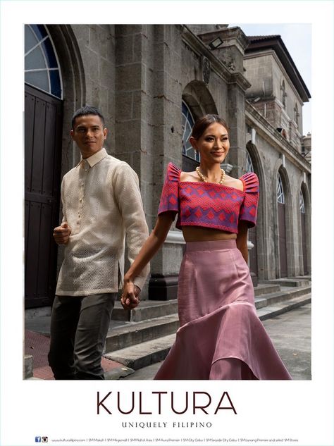 Handwoven inabel terno top with butterfly sleeves and tiered skirt on her. Hand-emboidered pinasilk barong on him. Barong Tagalog Photoshoot, Filipino Terno, Terno Filipiniana, Filipino Dresses, Modern Filipiniana Top, Filipina Dress, Philippine Costume, Filipino Traditional Clothing, Filipiniana Modern