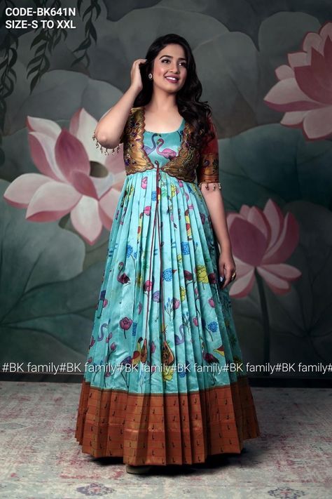 Saree Type Frock Design, Pattu Long Dresses Designs, Anarkali Dress Pattern For Kids, Long Frocks From Old Pattu Sarees, Long Frock Models Traditional, Bathukamma Outfit Ideas, Long Frock Designs With Pattu Sarees, Old Pattu Sarees Convert Into Dress, Paithani Saree Dress Design Ideas