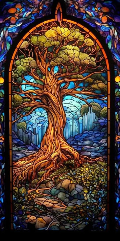 Forest Stained Glass Window, Stained Glass Forest, Medieval Stained Glass, Stain Glass Window Art, Glass Painting Patterns, Glitter Wall Art, Glass Window Art, Glitter Wall, Art Gallery Wallpaper