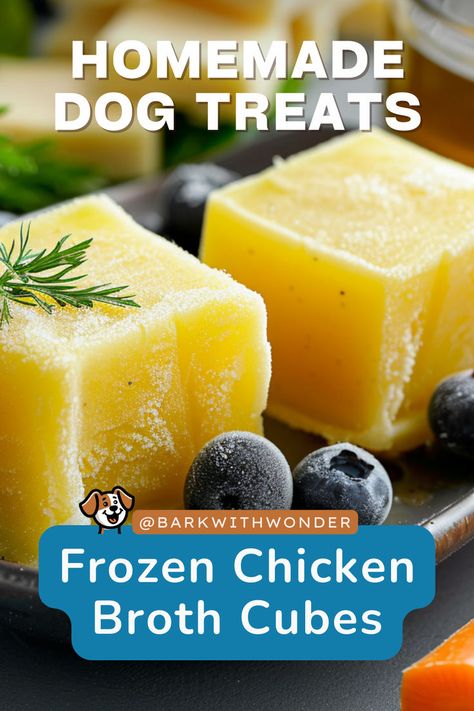 Treat your dog to these Easy Frozen Chicken Broth Cubes! Made with low-sodium chicken broth and dog-safe treats, they're a hydrating and tasty option for summer. #barkwithwonder #homemadedogtreats #homemadedogfood #dogrecipes #summerdogtreats #dogtreats Broth Dog Treats, Diy Frozen Dog Treats, Chicken Broth For Dogs, Diy Frozen Dog Treats Ice Cubes, Frozen Dog Treats Homemade Chicken Broth, Summer Dog Treats Frozen, Frozen Enrichment Treats For Dogs, Summer Dog Treats, Peanut Butter Bites