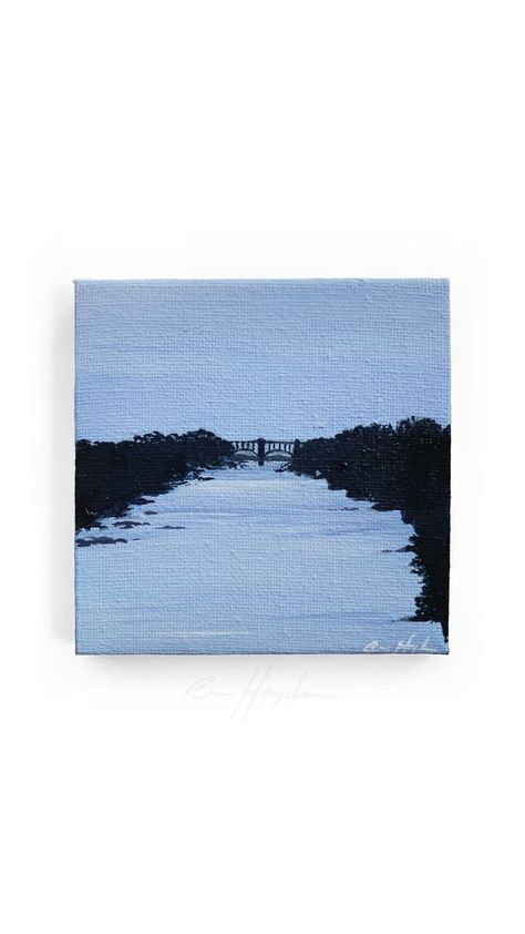 blue-hued canvas painting of a railbridge between black trees over a river Landscape Art Ideas, Simple Painting Ideas, Painting Series, James River, Simple Painting, River Landscape, Cardboard Paper, The James, Richmond Virginia