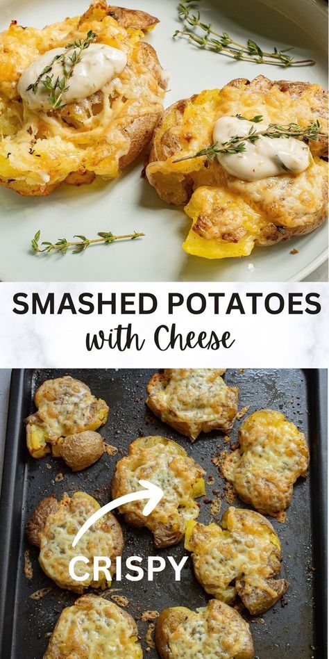 Smashed Potatoes Russet, Crispy Smashed Potatoes Baked, Smashed Russet Potatoes, Smashed Potatoes With Cheese, Cheese Smashed Potatoes, Smashed Potatoes Baked, Potatoes With Cheese, Smashed Potatoes Recipe, Crispy Smashed Potatoes