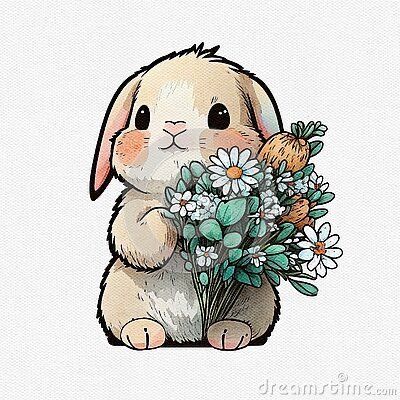 Rabbit With Flowers Drawing, Bunny With Flowers Drawing, Animals With Flowers Drawing, Rabbit Sticker Printable, Rabbit Painting Easy, Bunny Holding Flowers, Bunny Digital Art, Rabbit Drawing Easy, Illustration Rabbit