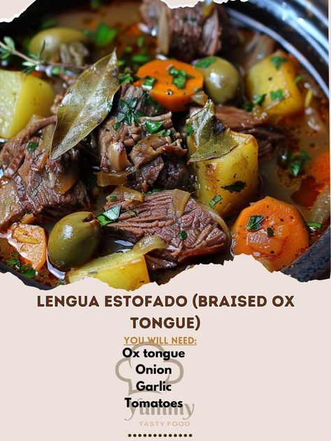 🥩 "Try Lengua Estofado—a tender, flavorful braised ox tongue that's a true delicacy. Perfect for special occasions! 🥘👨‍🍳 #LenguaEstofado #FilipinoDelicacies" Lengua Estofado (Braised Ox Tongue) Ingredients: Ox tongue (1, about 1 kg) Onion (1, chopped) Garlic (4 cloves, minced) Tomatoes (3, chopped) Carrots (2, sliced) Potatoes (2, cubed) Bay leaves (2) Soy sauce (3 tbsp) Tomato paste (2 tbsp) Beef broth (2 cups) Oil (2 tbsp) Salt and pepper (to taste) Instructions: Boil ox tongue in water... Ox Tongue, Chopped Carrots, Bay Leaves, Sliced Potatoes, Chopped Garlic, Beef Broth, Tomato Paste, 2 Cups, Soy Sauce