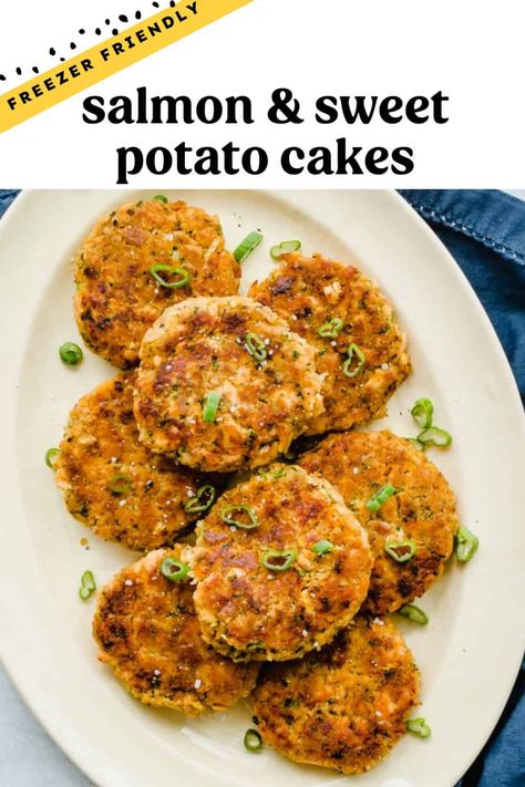 These salmon and sweet potato cakes are packed with nutrition and flavor! Enjoy them as a sandwich or a la carte. With a small amount of effort, you’ll make a meal your family is sure to love. #salmon #freezermeals #freezercooking #healthydinner #salmoncakes Sweet Potato Cakes, Sweet Potato Cake Recipe, Salmon Sweet Potato, Sweet Potato Burgers, Salmon And Sweet Potato, Sweet Potato Cake, Salmon Cakes, Potato Cakes, Freezer Cooking