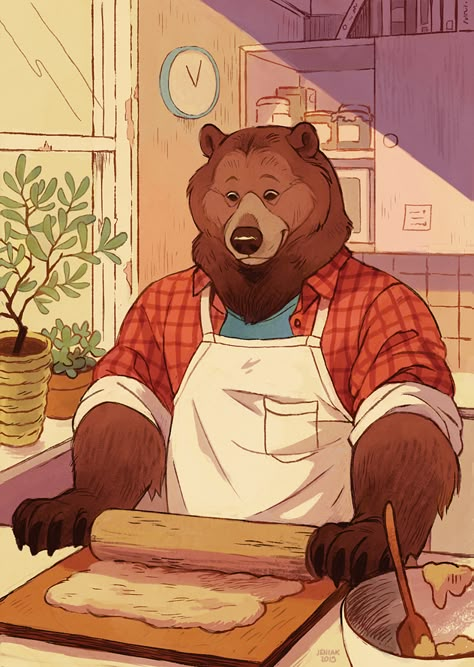 Bear Character Design, Bear Drawing, Bear Character, Retro Kitchen Decor, Anthro Art, Cafe Decoration, Cozy Kitchen, Restaurant Decoration, Bear Art