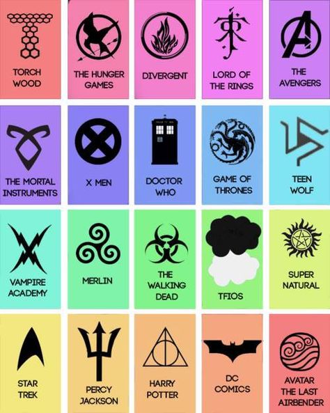 Fandom symbols. THG, TLOTR, the advengers , doctor who, the walking dead, I guess Percy Jackson but I have not read the books (don't judge ) XD Fandom Symbols, Lup Singuratic, Geniale Tattoos, Trendy Tattoos, Divergent, Avatar The Last Airbender, Book Fandoms, The Last Airbender, Teen Wolf