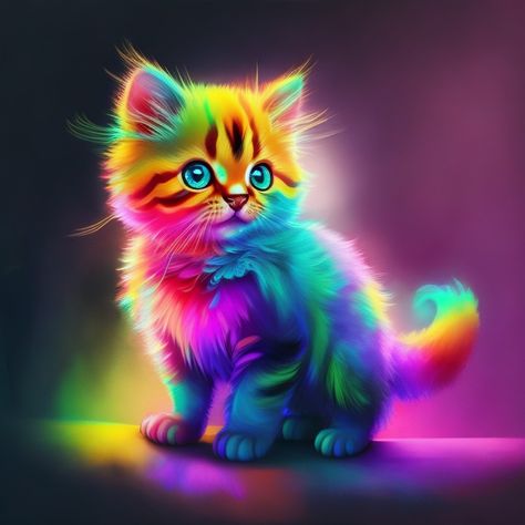 Neon Animals, Rainbow Kittens, Kitty Images, Animal Portraits Art, Cute Galaxy Wallpaper, Cute Cats Photos, Rainbow Cat, Purple Cat, Cat Character