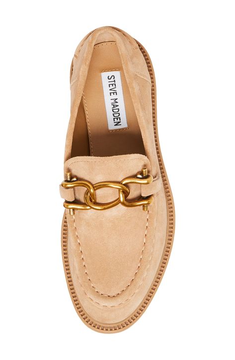 Gleaming goldtone hardware adds contemporary finesse to this outfit-making loafer. Flat sole Leather upper/synthetic lining and sole Imported Beige Loafers For Spring, Nude Loafers Outfit, Steve Madden Slides, Inspo Pictures, Loafers Outfit, Timeless Shoes, Buckle Loafers, Smart Casual Wear, Business Casual Shoes