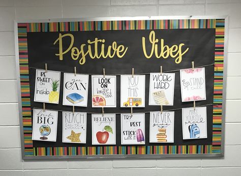 “Positive Vibes” bulletin board Bulletin Board For Principal Office, Teacher's Lounge Bulletin Board Ideas, Principal Office Bulletin Board Ideas, School Secretary Bulletin Board Ideas, Discipline Bulletin Board Ideas, Workroom Bulletin Board Teacher Lounge, Positive Bulletin Boards Elementary, Positive Vibes Bulletin Board, Middle School Motivational Bulletin Boards