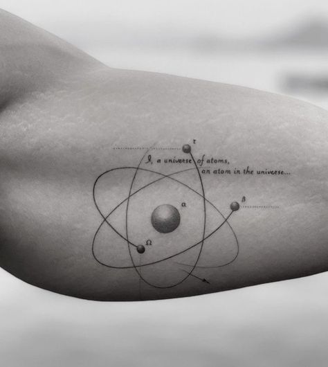 Formula Tattoo Physics, Science And Nature Tattoo, Astro Physics Tattoo, Hydrogen Atom Tattoo, Physics Tattoo Science, Hologram Tattoo, Chemical Tattoo Ideas, Time Machine Tattoo, Alchemical Tattoo