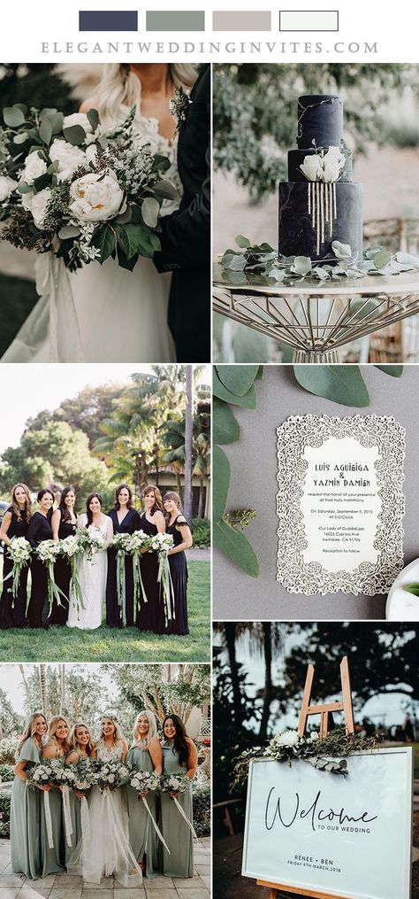 timeless black and white wedding colors with sage green hues White Black Sage Wedding, Black And Sage Green Wedding Theme, Sage Pink Black Wedding, Black Sage Green Wedding, Sage Green And Black Wedding Decor, Green Black And White Wedding Theme, Wedding Color Schemes Black And White, Sage Black And White Wedding, Black White Sage Wedding