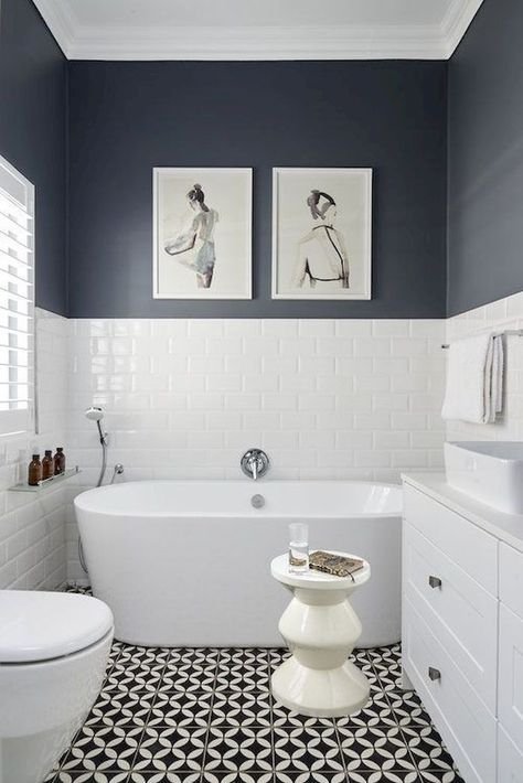 What color to paint a black and white tile bathroom? Tiled And Painted Bathroom, Black And White Toilet Ideas, White Tile Bathroom Paint Wall Colors, Bathroom Black Ceiling, Black And White Tiled Bathroom, Color Bathroom Ideas, Small Black And White Bathroom Ideas, White Tiled Bathroom, Black And White Tile Bathroom