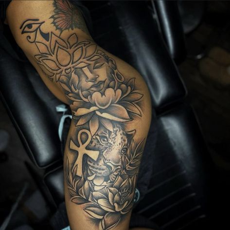 Leg Tattoos On Black Women, Right Side Tattoos Women, Inside Of Leg Tattoo, Back To Thigh Tattoo Women, Cute Tattoos Big, Colorful Thigh Tattoo Women Black, Back To Leg Tattoo Women, Upper Thigh And Hip Tattoo, Leg Peices Tattoos