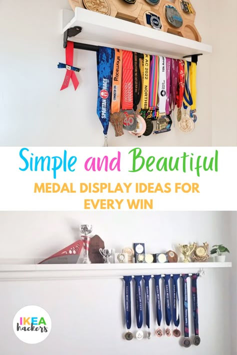 Looking for a way to display your medals? Want ideas on how to make your own medal display stand?Whether you want to fill a whole wall or a small corner, you’ll find an IKEA hack that will do just that.Check out our six simple ideas for DIY medal display! How To Display Trophies And Medals, How To Display Gymnastics Medals, How To Display Metals, Shelf For Medals And Trophies, Dance Metal Display, How To Display Track Medals, Medals Hanger Ideas, Displaying Medals Ideas, Display For Medals