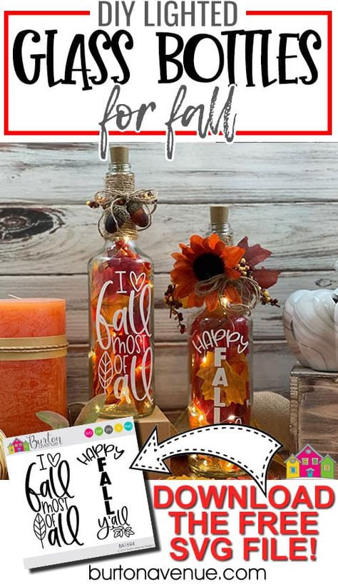 DIY Lighted Glass Bottles for Fall - Burton Avenue Empty Wine Bottle Crafts, Thanksgiving Wine Bottle, Upcycle Bottles, Lighted Bottles, Fall Wine Bottles, Wine Bottle Project, Painted Glass Bottles, Wine Bottle Corks, Glass Bottle Diy