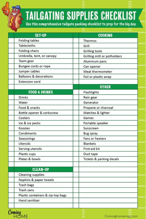 14 Tailgating Hacks That Score | Coming Home Mag Tailgate Checklist Football, Tailgate Supply List, Tailgating Must Haves, Tailgate Organization, Football Tailgate Food Ideas, Tailgate Checklist, Tailgating Hacks, Tailgate Necessities, Tailgate Menu