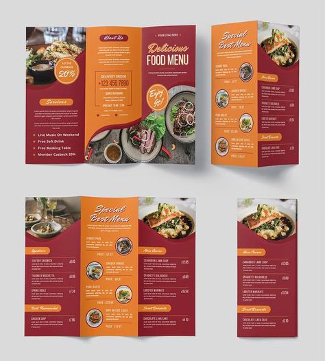 Delicious Food Trifold Menu Template AI, EPS Food Trifold Brochure Design, Catering Brochure Design, Food Brochure Design Ideas, Menu Folder Design, Food Menu Design Layout, Trifold Menu Design, Food Brochure Design, Food Menu Design Ideas, Menu Poster Design