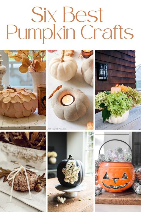 graphic with 6 boxes with idea on pumpkin crafts Pumpkin Crafts For Adults, Cement Pumpkins, Diy Pumpkins Crafts, Pumpkin Candle Holder, Fall Container Gardens, Faux Leaf, Candleholder Centerpieces, Fall Planters, Glitter Pumpkins