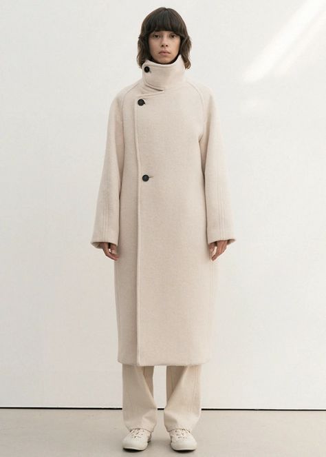 ALPACA HIGH NECK LONG COAT CREAM Minimal Fashion Photography, High Neck Coat, Color Block Coats, Meeting Outfit, Acne Studio, Color Combinations For Clothes, Spring Coat, W Concept, Modest Fashion Outfits