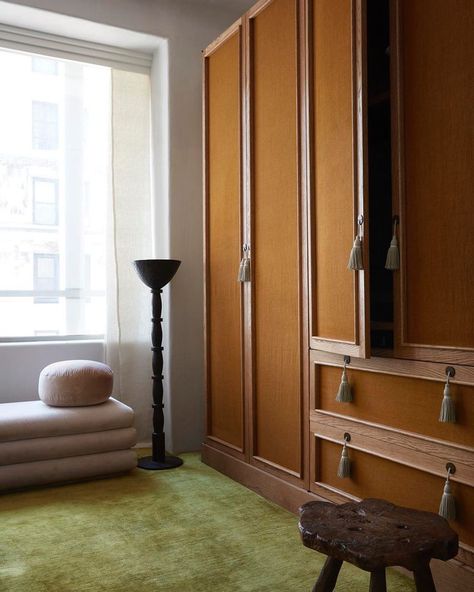 Studio Giancarlo Valle on Instagram: “armoire detail w/ fabric doors @archdigest @stephenkentjohnson @colinking @whatpaolasees #studiogiancarlovalle” Giancarlo Valle, Minimalism Living, Wrought Iron Beds, Colin King, Bronze Floor Lamp, Wooden Dining Chairs, New York Apartment, Green Carpet, Nyc Apartment