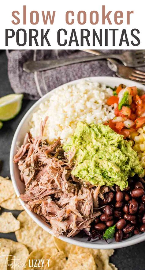 Move over Chipotle! These shredded slow cooker pork carnitas simmers in your crockpot all day and makes burritos or salads with just the right amount of Mexican seasoning. #slowcooker #pork #ohpork #carnitas via @tastesoflizzyt Burritos Chipotle, Recipe For Burritos, Carnitas Slow Cooker, Carnitas Crockpot, Biscuit Recipes Dinner, Recipe Using Zucchini, Slow Cooker Pork Carnitas, Pork Carnitas Slow Cooker, Mexican Seasoning