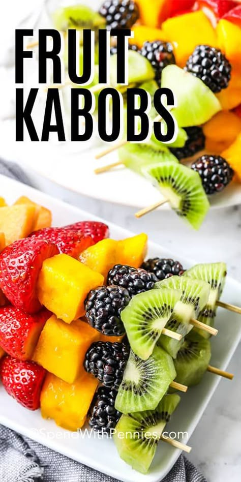 Simple Fruit Dip, Rainbow Fruit Kabobs, Fruit Kabob, Fruit Kebabs, Fruit Appetizers, Fruit Platter Designs, Summer Salads With Fruit, Fruit Kabobs, Spend With Pennies