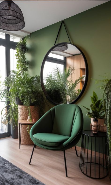 green chair with green plants arranged around it, in the style of studyplace, the snapshot aesthetic, wood, exotic, mirrored, contemporary diy, earth tones Esthetician Room Decor Green, Green Wood Room Aesthetic, Green Salon Aesthetic, Green Chair Office, Green Office Aesthetic, Green Luxury Aesthetic, Interior With Plants, Living Room Design Green, Green Couch Living Room