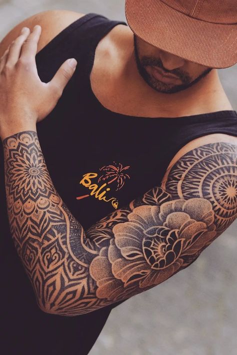 Ornamental Sleeve Tattoo Men, Men’s Geometric Sleeve, Negative Space Sleeve Tattoo, Ornamental Tattoo Sleeve, Mandala Lotus Flower Tattoo, Mandala Tattoo Mann, Mens Tattoo Ideas, Mandala Tattoo Ideas, Mandala Tattoo Men