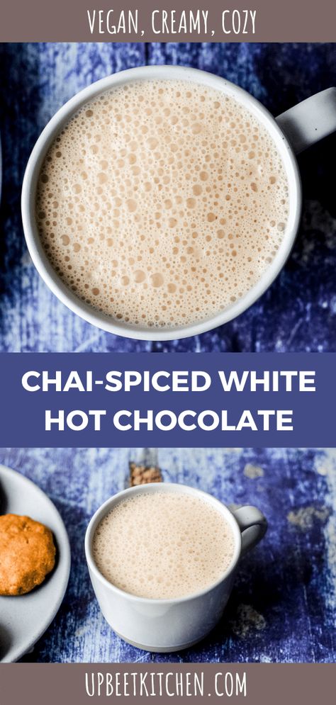 Chai spices intermingle with healthy white chocolate in this vegan chai-spiced white hot chocolate that you will find yourself enjoying again and again. Healthy White Chocolate, Hot Chocolate Vegan, Warm Drinks Recipes, White Hot Chocolate Recipe, Chocolate Chai, Chai Spices, Chia Recipe, Vegan White Chocolate, Delicious Hot Chocolate