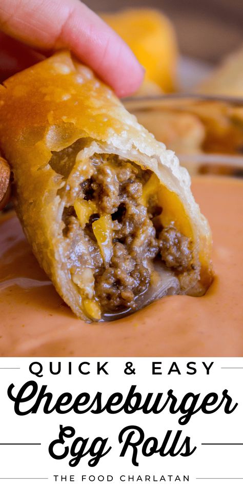 How to Make Cheeseburger Egg Rolls from The Food Charlatan. Egg Roll Filling Recipes Dessert, Cheeseburger Eggroll Dipping Sauce, Egg Hamburger Recipe, Easy Eggroll Ideas, Easy Deep Fried Recipes, Hamburger Egg Rolls Recipes, Deep Fried Dinner Ideas, Cheeseburger Egg Roll, Egg Roll Recipes Beef