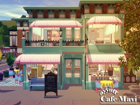 ayyuff's Cafe Mavi Bakery With House On Top, Sims Bakery Build, Sims Cafe Ideas, Sims 4 Cafe Ideas, The Sims 4 Bakery, Sims 4 Bakery Build, Sims Cafe, Sims 4 Bakery, Sims 4 Cafe