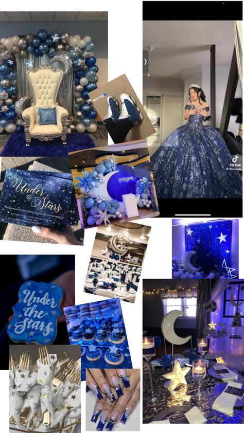 15 Themes Quinceanera, Royal Blue Quinceanera Decorations, Sweet 15 Decorations, Under The Stars Quinceanera Theme, Royal Blue Quinceanera Theme, Royal Blue And Gold Quinceanera, Blue Quinceanera Ideas, Debut Theme Ideas, Blue Quinceanera Theme