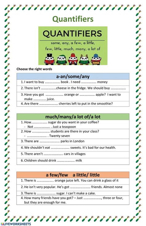 Quantifiers Interactive worksheet English Language Learning Activities, English Grammar Quiz, English Grammar Exercises, Grammar Exercises, English Worksheet, Teaching English Grammar, English Exercises, Learning English For Kids, English Fun