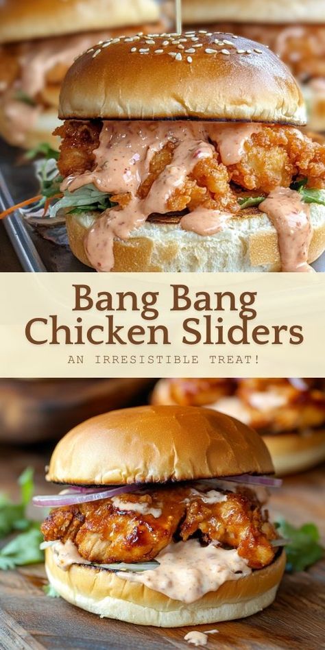 Bang Bang Chicken Sliders Ingredients: For the Chicken: 2 lbs boneless, skinless chicken breasts 1 cup buttermilk 1 teaspoon garlic powder 1 teaspoon onion powder 1 teaspoon paprika 1/2 teaspoon salt 1/2 teaspoon black pepper 1 cup all-purpose flour 1 cup panko breadcrumbs Vegetable oil for frying For the Bang Bang Sauce: 1/2 cup mayonnaise 1/4 cup sweet chili sauce 2 tablespoons sriracha sauce (adjust to taste) 1 tablespoon honey 1 tablespoon lime juice 1 teaspoon garlic powder Sliders Recipes Chicken, Bang Bang Sauce, Bang Bang Chicken, Chili Lime Chicken, Christmas Recipes Appetizers, Chicken Sliders, Shredded Chicken Recipes, Cheap Dinner Recipes, Slider Recipes