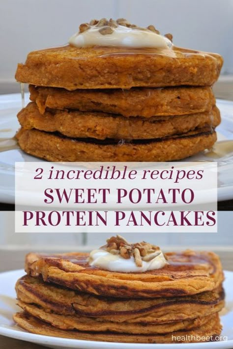 Protein Sweet Potato, Health Beet, Sweet Potato Pancakes Recipe, Chocolate Protein Pancakes, Bright Line Eating Recipes, Sweet Potato Pancakes, Yummy Sweet Potatoes, Sweet Potato Protein, Sweet Potato Breakfast