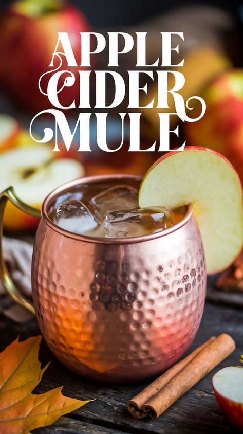 Apple Cider Mule recipe featuring a blend of crisp apple cider, ginger beer, and vodka. This cider Moscow mule is a must-try fall cocktail for fans of cider drinks, yummy alcoholic drinks, and ginger beer cocktails. Perfect for any autumn gathering! Warm Apple Cider Cocktail, Apple Cider Mule, Cider Moscow Mule, Cider Mule, Fall Drinks Alcohol, Apple Cider Moscow Mule, Ginger Beer Drinks, Cider Cocktail Recipes, Ginger Beer Cocktail