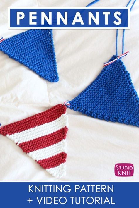 Outdoor Garland Bunting is looking great! Knit a Pennant Banner for any holiday celebration with Free Knitting Pattern and Video Tutorial by Studio Knit. Perfect knitted garland and bunting decoration idea. #StudioKnit #knittingpattern #freeknitting #howtoknit #knittingidea Knitted Garland, Knitted Bunting, Knitted Heart Pattern, Bunting Pattern, Outdoor Garland, Triangle Flag, Patriotic Diy, Studio Knit, Knitted Heart